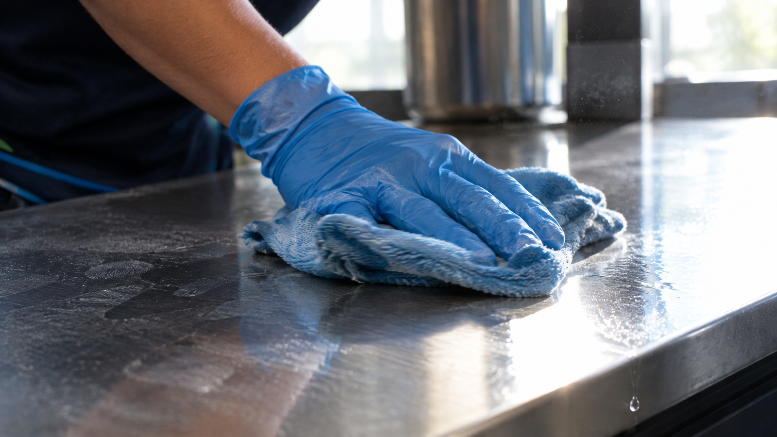Cleaning technician wiping a steel surface
